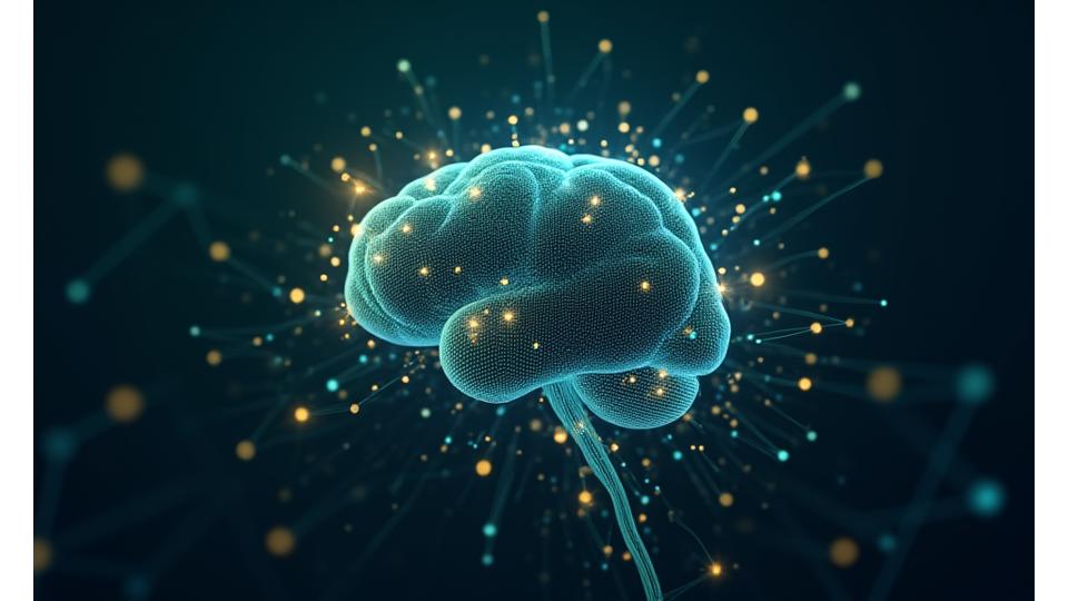 Abstrakte Darstellung von Datenströmen und KI-Netzwerken, die Innovation und Forschung im Bereich der Bildungstechnologie symbolisieren.