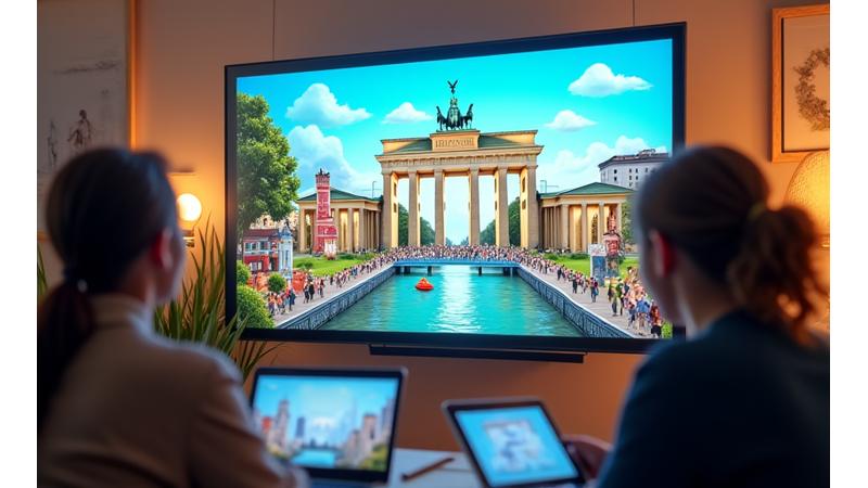 Mehrere Personen, die fröhlich auf einem virtuellen Bildschirm interagieren, der Landschaften und Sehenswürdigkeiten aus verschiedenen Regionen Deutschlands zeigt, symbolisieren kulturellen Austausch und Immersion.