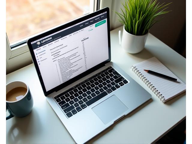 Ein heller Schreibtisch mit Laptop, Notizbuch und Kaffeetasse, die flexible Lernmöglichkeiten durch Online-Ressourcen und persönliche Organisation symbolisieren.