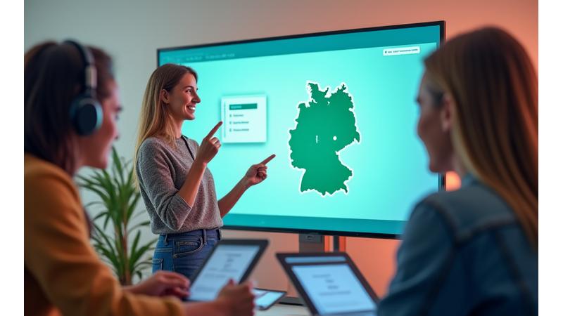 Junge Erwachsene lernen in einem modernen, hellen virtuellen Klassenzimmer mit einem Tablet und Kopfhörern, während eine freundliche deutsche Lehrerin auf einem großen Bildschirm lächelt und interaktive Inhalte anzeigt.