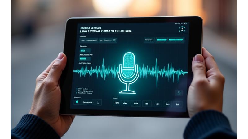 Eine Nahaufnahme eines Tablets, das eine interaktive deutsche Spracherlern-App mit KI-gestützter Spracherkennung anzeigt, im Hintergrund sind unscharf digitale Wellenformen und ein Mikrofonsymbol zu sehen.