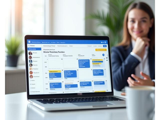 Ein Kalender und ein Laptop mit einem Videokonferenz-Bildschirm, der eine Beraterin bei einer Online-Sprechstunde zeigt, symbolisiert die einfache Buchung und Durchführung von Online-Beratungen.