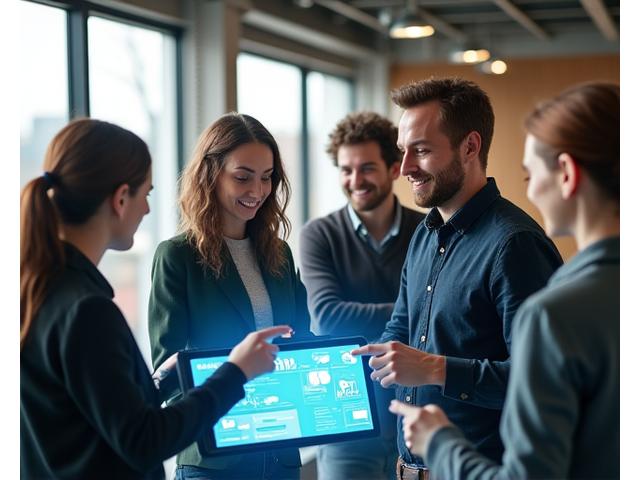Team von Lernwelle-Mitarbeitern, die in einem modernen Büro zusammenarbeiten und Ideen austauschen, mit digitalen Grafiken und Notizen um sie herum, die Technologie und Zusammenarbeit symbolisieren.