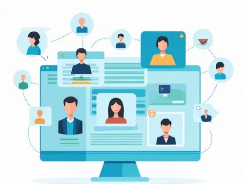 Symbolische Darstellung von Online-Kommunikation mit Chatblasen, Videokonferenzsymbolen und miteinander verbundenen Personenavataren