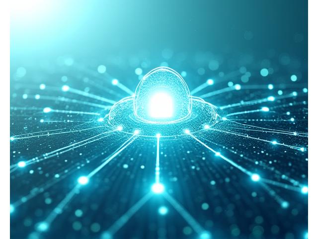Abstrakte Darstellung einer modernen Cloud-Infrastruktur mit verschlüsselten Datenströmen, die Sicherheit und Skalierbarkeit symbolisieren