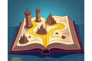 Abenteuer-Illustration im Stil eines historischen Buches, das sich öffnet und eine Karte mit Pfaden und Prüfsteinen zeigt, die für Geschichts- und Literatur-Quests stehen.“ width=
