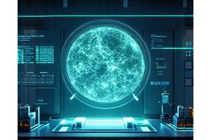 Illustration einer wissenschaftlichen Simulationsumgebung mit Laborglaswaren, die schweben, und schematischen Darstellungen von molekularen Strukturen in einer futuristischen Anordnung.“ width=