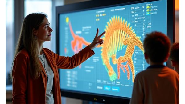 Eine junge Frau erklärt einer Gruppe Kindern mithilfe eines großen Multi-Touch-Displays, das ein interaktives 3D-Modell eines Dinosauriers zeigt. Die Kinder sind engagiert und zeigen auf den Bildschirm.