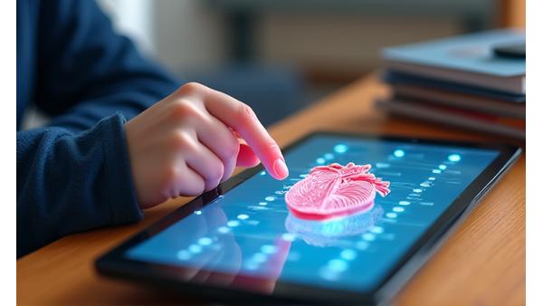 Ein Schüler hält ein Tablet hoch, das eine Augmented-Reality-Anwendung aktiviert. Auf dem Bildschirm überlagert ein 3D-Modell eines menschlichen Herzens das reale Klassenzimmer.
The student is interacting with the model and annotations are floating.