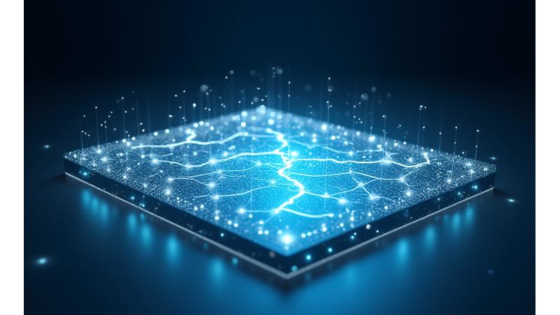 Ein futuristisches, transparentes Hologramm, das eine interaktive Roadmap für die Entwicklung immersiver Technologie in der Bildung darstellt.