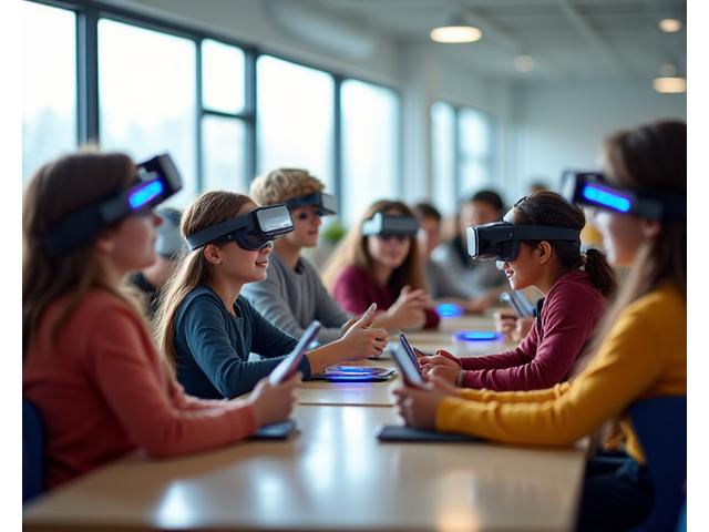 Eine moderne Schulklasse, in der Schüler verschiedene AR- und VR-Geräte wie Tablets, VR-Headsets und smarte Brillen nutzen, um zu lernen.