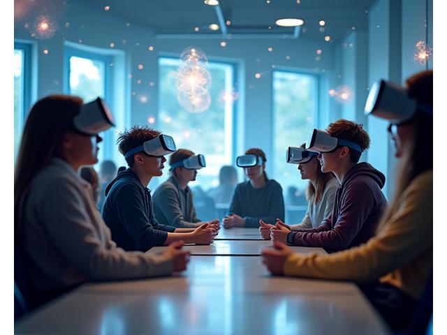 Schüler mit VR-Headsets, die miteinander in einer virtuellen Lernumgebung interagieren, umgeben von schwebenden interaktiven 3D-Modellen.