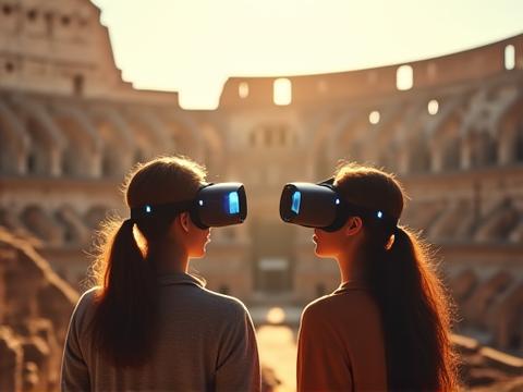 Schüler mit VR-Headsets stehen virtuell vor einer detailgetreuen Rekonstruktion des Kolosseums im antiken Rom, umgeben von digitalen Textinformationen.