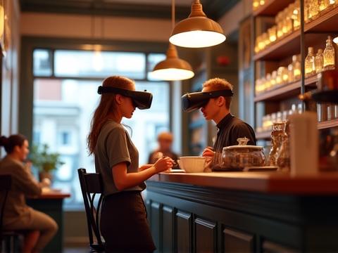 Ein Student trägt ein VR-Headset und interagiert mit einem virtuellen Charakter in einer nachgestellten Szene eines Pariser Cafés, um Französisch zu üben.