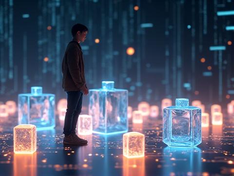 Ein Jugendlicher interagiert mit schwebenden 3D-geometrischen Formen in einer digitalen Umgebung. Ein Gittermuster visualisiert mathematische Achsen.