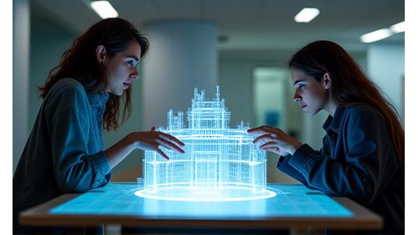 Zwei Studenten arbeiten zusammen an einem Tisch, über dem ein Mixed-Reality-Projektor oder ein Headset ein 3D-Modell eines komplizierten Maschinenbauteils projiziert, das sie gemeinsam manipulieren.