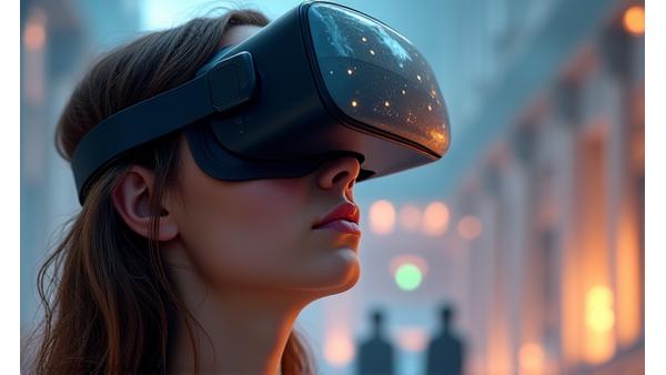 Ein Student erforscht eine immersive virtuelle Realitätsumgebung, die ein antikes römisches Forum oder eine historische Stätte darstellt, mit 3D-Rekonstruktionen und interaktiven Informationen.