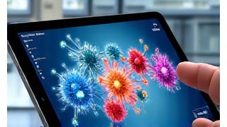 Ein Bildschirm zeigt eine detaillierte 3D-Chemie-Simulation, wie Moleküle miteinander reagieren, mit bunten Darstellungen und interaktiven Steuerelementen.