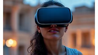 Eine Person trägt eine VR-Brille und ist in eine immersive virtuelle Geschichtserfahrung vertieft, die antike Ruinen oder historische Schlachtfelder zeigt.