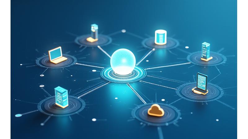 Eine technische Integrationskarte, die zeigt, wie interaktive Lerninhalte nahtlos in verschiedene Plattformen wie LMS, mobile Apps und Offline-Systeme eingebunden werden, mit Verbindungslinien und Icons für SCORM, xAPI und Cloud-Dienste.