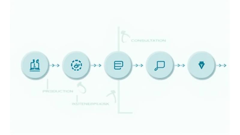 Ein klares Flussdiagramm, das den kollaborativen fünfstufigen Prozess der Inhaltserstellung von der Beratung bis zur iterativen Überprüfung zeigt, mit Icons und Pfeilen, die den Fortschritt visualisieren.