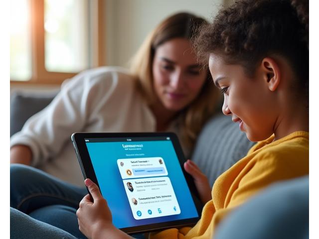Eine Familie sitzt zu Hause und schaut auf ein Tablet, während sie eine Benachrichtigung von der Schule erhält und über die Fortschritte ihres Kindes spricht, im Hintergrund ein offenes Buch.