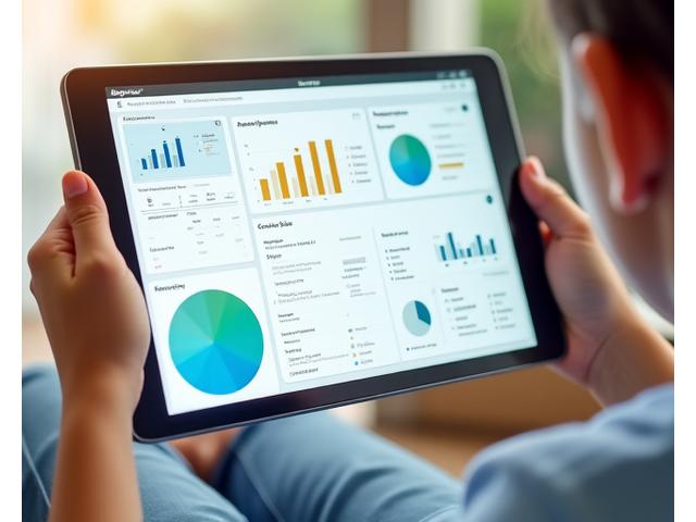 Ein detailliertes Eltern-Dashboard auf einem Tablet, das Noten, Anwesenheit und Aufgabenstatus anzeigt, mit grafischen Darstellungen von Leistungsstatistiken.