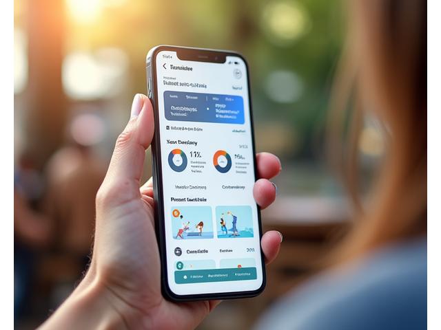 Eine Nahaufnahme einer Hand, die ein Smartphone hält, auf dessen Bildschirm die Eltern-Fortschrittsverfolgungs-App von Lernwelle angezeigt wird, mit modernen UI-Elementen und Benachrichtigungen. Im Hintergrund verschwommene, alltägliche Szenen wie ein Spielplatz oder ein Cafe.