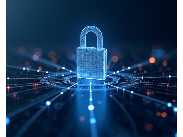 Ein abstraktes digitales Schloss-Symbol mit stilisierten Nullen und Einsen im Hintergrund, das Datensicherheit und Privatsphäre symbolisiert, in den deutschen Nationalfarben und Lernwelle-Farben gehalten.