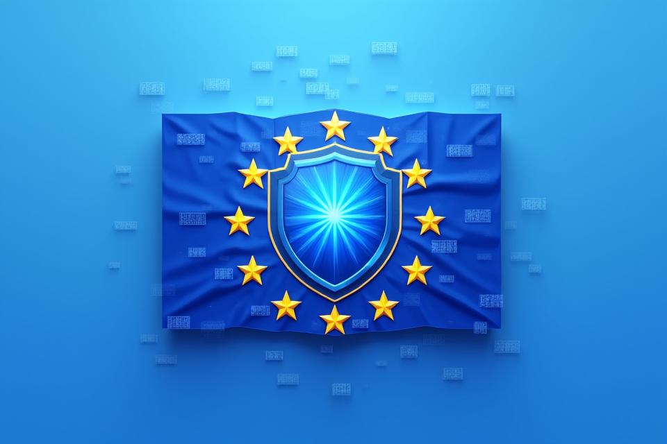 Illustration der Europäischen Union Flagge mit stilisierten Datenpaketen, die von einem Schild geschützt werden.