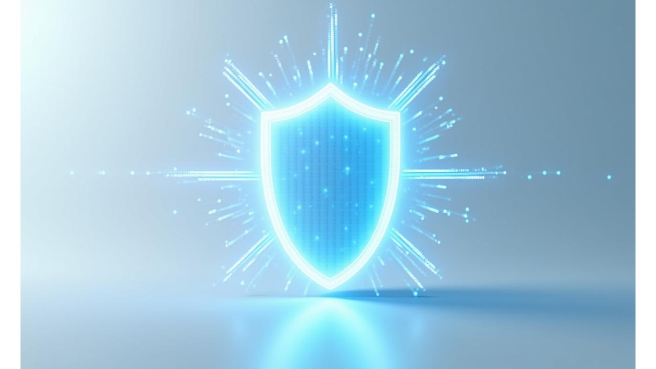Ein digitales Schild schützt sensible Daten, umgeben von einem sicheren Netzwerk.