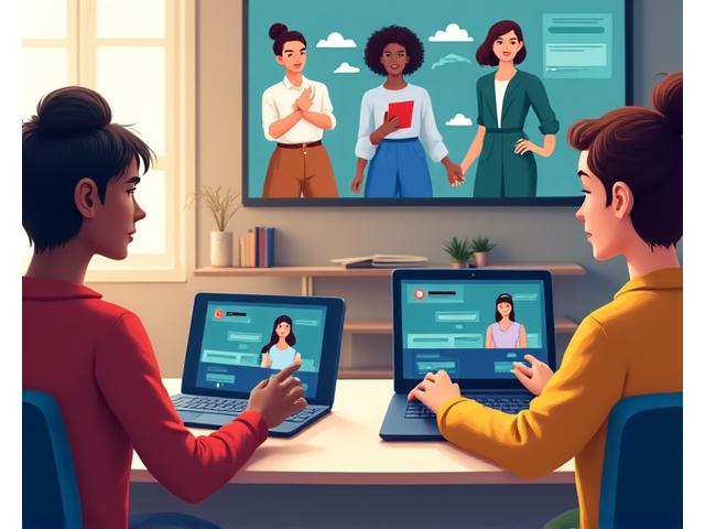 Eine diverse Gruppe von Schülern, die auf verschiedenen Geräten (Laptop, Tablet, Smartphone) an einem virtuellen Klassenzimmer teilnehmen, mit Überlagerungen, die Funktionen wie Untertitel, Sprachoptionen und angepasste Schnittstellen darstellen.