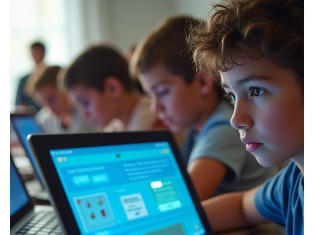 Eine Gruppe von Schülern, die mit ihren Laptops und Tablets an einem virtuellen Klassenzimmer teilnehmen, auf ihren Bildschirmen sind interaktive Quizfragen und Live-Umfragen zu sehen, die ihr Engagement widerspiegeln.
