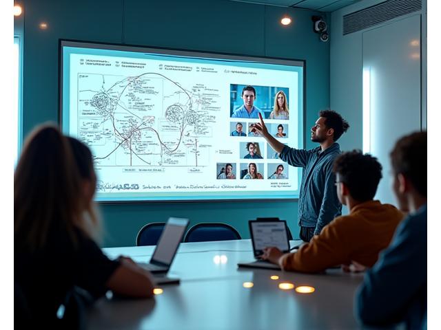 Eine moderne virtuelle Klassenzimmeroberfläche mit mehreren Schülern, die aktiv an einer Live-Diskussion auf einem großen Bildschirm teilnehmen, umgeben von digitalen Tools und interaktiven Elementen in einem aufgeräumten, technologieorientierten Raum.