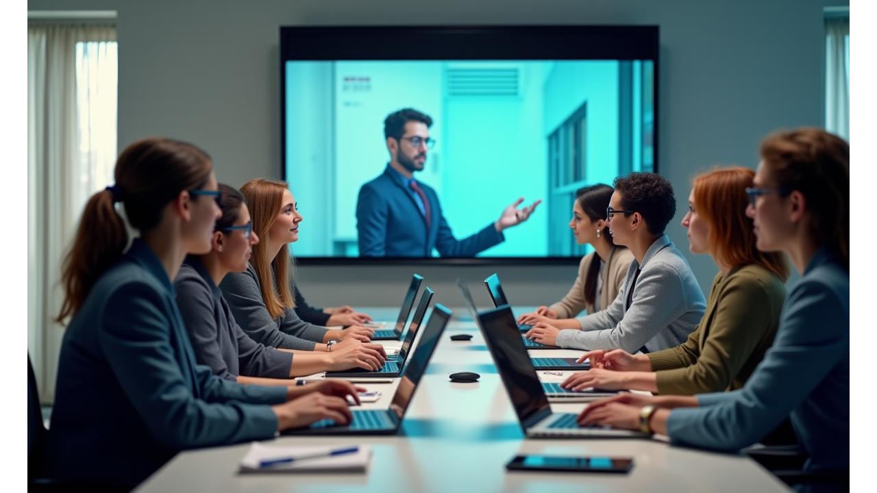 Eine Gruppe von Lehrern in einem virtuellen Workshop, die über Laptops interagieren, während ein Dozent auf einem großen Bildschirm Best Practices für den Online-Unterricht demonstriert, mit Lernmaterialien und Stiften auf dem Tisch.